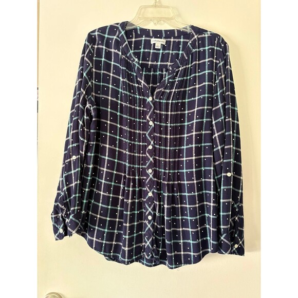 Croft & Barrow Navy Blue Plaid Tunic Flannel Shirt, Prairie Cottagecore Country - Picture 2 of 8